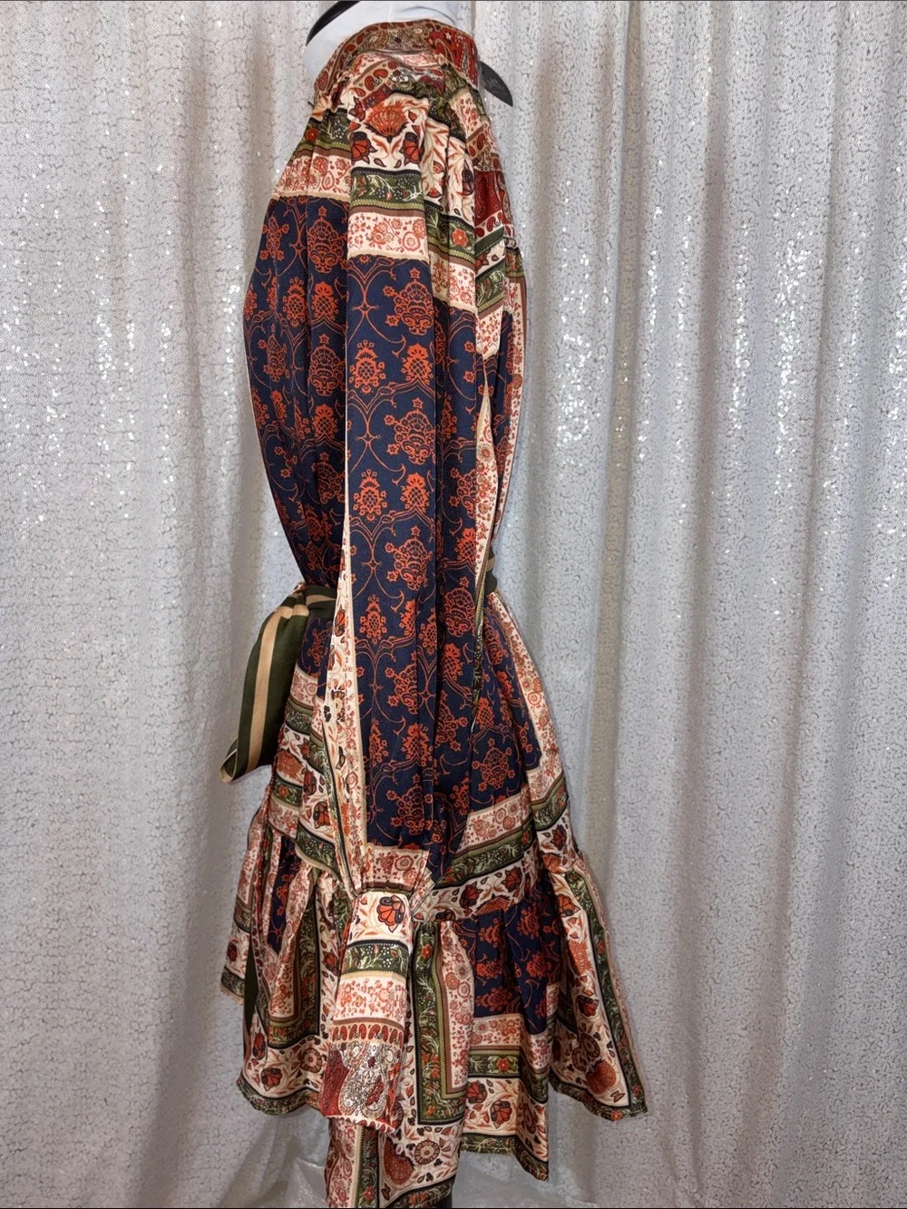 Pearl-Button Bohemian Satin Drop Waist Dress- Olive & Rust - Picture 4 of 7